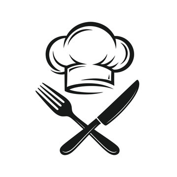 Chef hat crossed utensils culinary symbol restaurant food service professional cuisine icon vector
