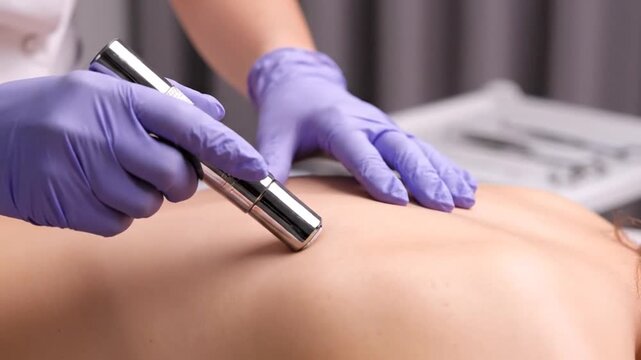 Back Therapy with Gloves on Medium Shot Procedure on Human Skin Using Metallic Tools Equipment in Clinic Back Pain Treatment Healthcare Medical Treatment 190 Character