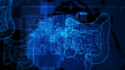 Futuristic Digital Human Anatomy Visualization with Glowing Blue Intestines on Dark Background