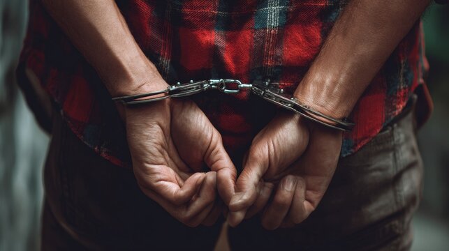 Arrested man with handcuffed hands behind back sitting in prison cell, concept of detention, incarceration, security, confinement, crime, punishment, justice, law enforcement, criminal justice system