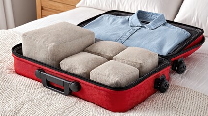 Red open suitcase on a bed, with a blue shirt and beige packing cubes inside