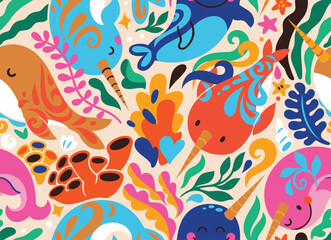 Ocean Unicorns seamless pattern isolated on cream background