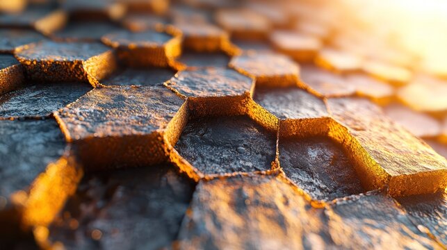 Rough, dark hexagonal columns with warm golden sunlight illuminating one side - Powered by Adobe