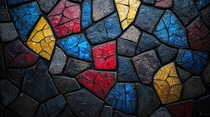 Rough, colorful, irregular stone mosaic wall with dark grout creating an abstract pattern