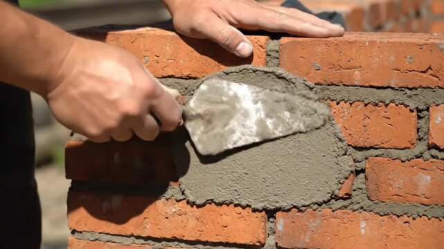 Close-up of a bricklayer applying mortar to a brick wall with a trowel.