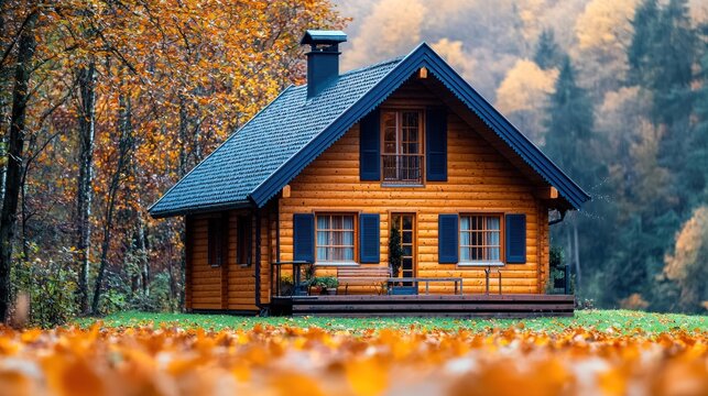 Rustic wooden cabin nestled in a vibrant autumn forest with fallen orange leaves - Powered by Adobe