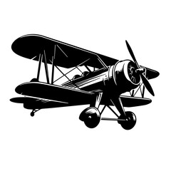 Black and white vector silhouette of a Vintage Airplane.