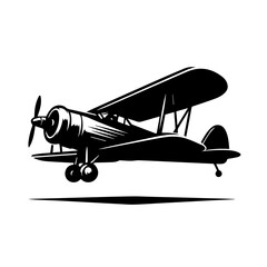 Black and white vector silhouette of a Vintage Airplane.