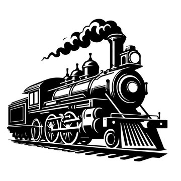 Black and white vector silhouette of a Steam Train Locomotive.