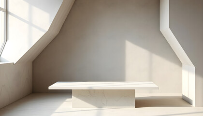 Obraz premium Empty geometric design interior forms, place with empty space - table and stage, empty blank plaster walls and shapes with soft light and shadow, table for product placement or design solutions