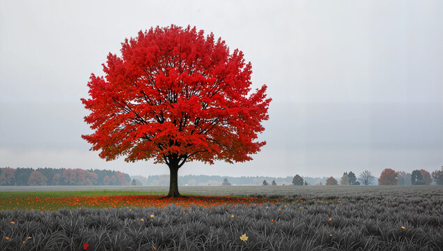 Vibrant red tree in autumn field