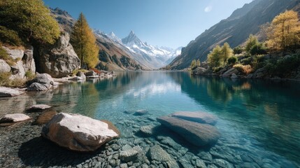 Obraz premium Crystal Clear Alpine Lake Reflects Majestic Snow Capped Mountains Under A Bright Blue Sunny Sky With Autumn Trees On Rocky Shores