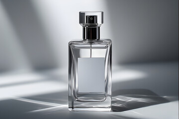 A clear, square glass perfume bottle with a blank label stands against a light gray background, highlighted by dramatic light and shadow.