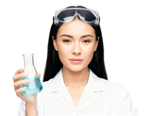 Female scientist in a lab coat holding a chemical flask. Professional chemist or researcher working in a laboratory, a science portrait.