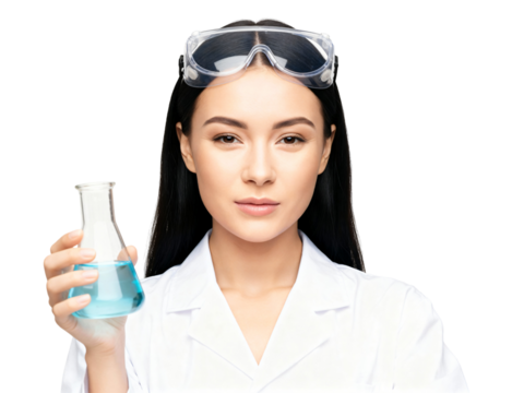 Female scientist in a lab coat holding a chemical flask. Professional chemist or researcher working in a laboratory, a science portrait.