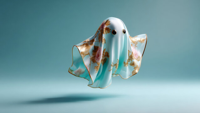 Cute ghost draped in floral fabric with golden trim eyes Halloween. Whimsical 3D rendering for spooky holiday.