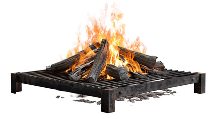 A campfire with burning logs on a metal grate against a black background with small rocks around it