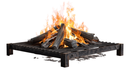 A campfire with burning logs on a metal grate against a black background with small rocks around it