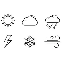 Minimalist line art weather icons — sun, cloud, rain, snowflake, lightning, wind — geometric black outline vector set