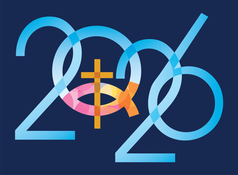 Jesus fish symbol, new year date. 
2026 new year with Jesus fish symbol with cross. Isolated on blue background. Vector available.	