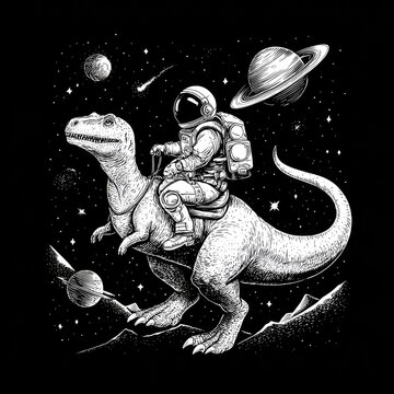 Astronaut riding a dinosaur in space with planets and stars against a black background