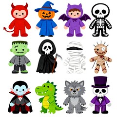 Grid of twelve adorable chibi-style children's Halloween costumes including a devil, vampire, mummy, and voodoo doll, presented on a white background.