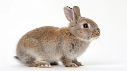 Realistic Netherland Dwarf Rabbit on white studio background, small compact bunny with short ears and soft fur, isolated animal portrait with professional lighting