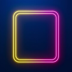 A glowing neon rectangular frame is displayed against a dark blue background. The frame features vibrant yellow and pink neon lights.