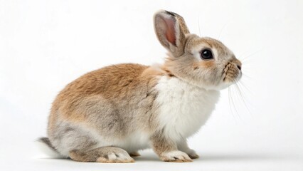 Realistic Netherland Dwarf Rabbit on white studio background, small compact bunny with short ears and soft fur, isolated animal portrait with professional lighting