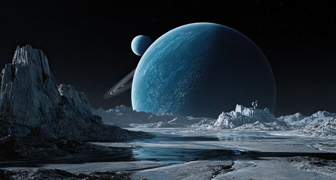Blue gas giants in distant space with rocky, icy foreground