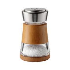 A close up view of a salt shaker with a metal top and a wooden center filled with white salt crystals