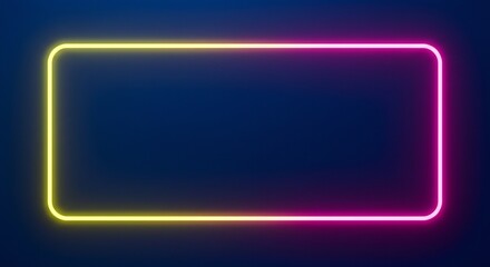A glowing neon rectangular frame against a dark blue background. The frame transitions from yellow to pink, creating a vibrant border.