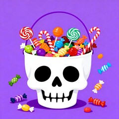 Cartoon Skull-Shaped Bucket Overflowing with Colorful Halloween Candy
