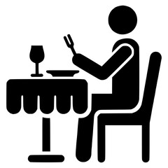 Human silhouette sits at dining table in restaurant black vector icon with transparent background 