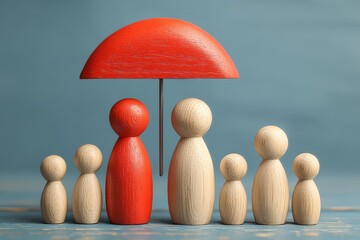 Wooden figurines under red umbrella representing protection and security from above eye level on blue background