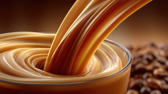 Thick, luscious caramel-toned liquid cascades into a glass, forming swirls. Coffee beans blur - Powered by Adobe