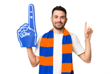 Young caucasian sports fan man over isolated chroma key background showing and lifting a finger in sign of the best