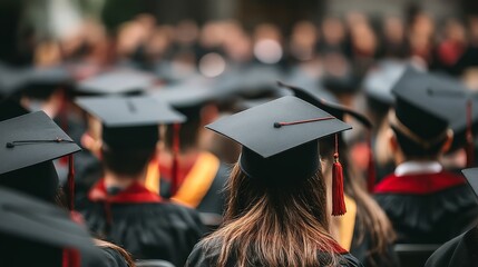 Academic Achievement Ceremony Students Attending Graduation Event Wearing Mortarboard Hats from Back View in Auditorium
