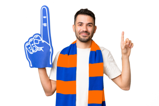 Young caucasian sports fan man over isolated chroma key background showing and lifting a finger in sign of the best