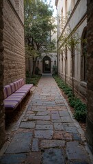 Serene courtyard pathway with stone paving and lush greenery leading to an arched doorway in a historic building offering a peaceful retreat