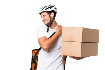 Delivery man wearing a helmet bike over isolated background suffering from pain in shoulder for having made an effort