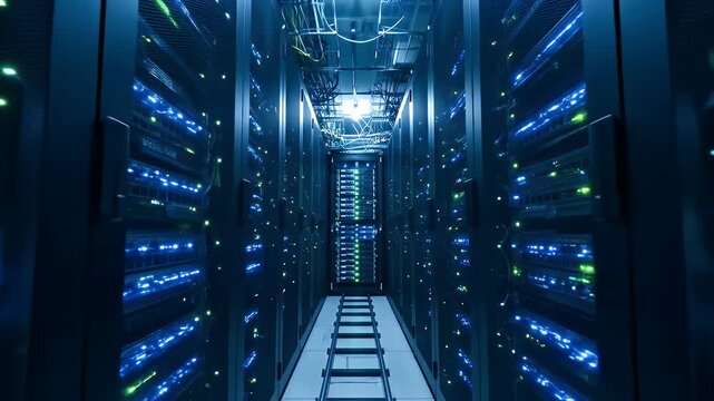 A perspective of a data center corridor with servers, cables, and a ladder. Blue and green lights
