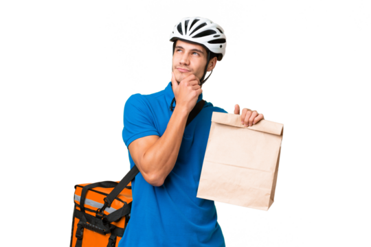 Young caucasian man taking a bag of takeaway food over isolated background having doubts