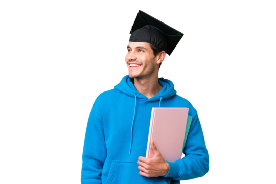 Young university graduate man over isolated background thinking an idea while looking up
