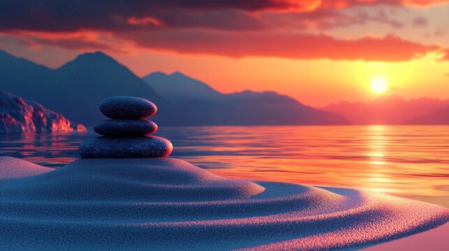 Three stacked zen stones on rippled sand by calm water, mountains, fiery sunset