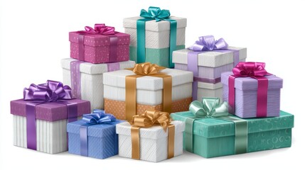 Obraz premium Stack of christmas gift boxes with bright satin ribbons on transparent background for holiday celebrations and festive decorations