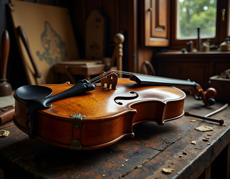 Close-up of an unassembled violin in a traditional artisan's wood shop.