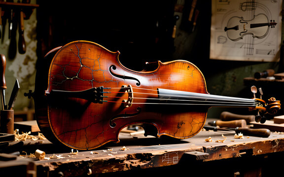 Close-up of a vintage violin with intricate cracks in a moody luthier studio.