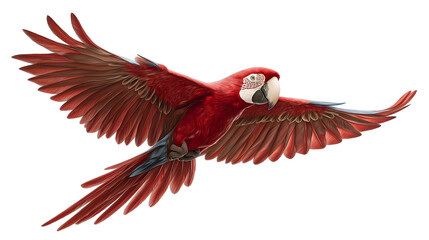 A vibrant scarlet macaw in full flight showcasing its striking red plumage against a dark backdrop