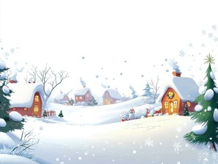 Christmas background in watercolor style for graphic design or wallpaper. A cartoonish rural village filled with white snow and beautifully decorated Christmas trees to welcome the Christian New Year.